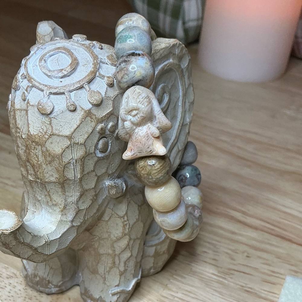 Natural Stone Beaded Bracelet with Carved Charm - Cream & Muted Green